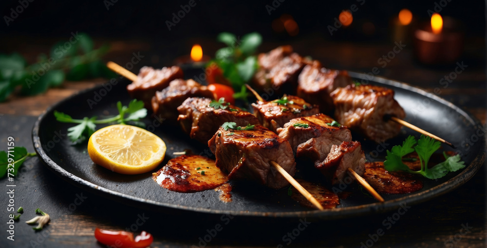 Grilled meat skewers, shish kebab with vegetables Grilled meat skewers, shish kebab with vegetables