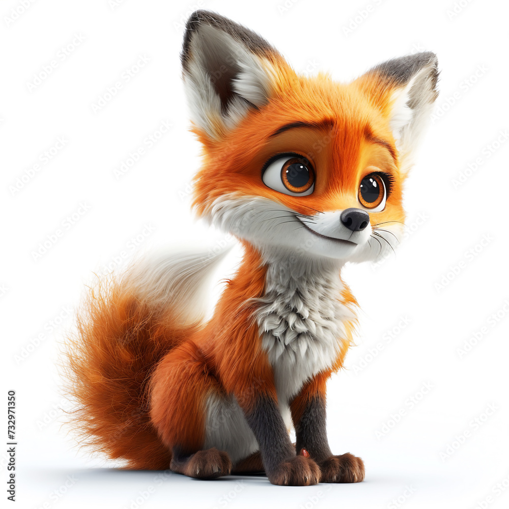 3D cute red fox isolated on white, 3D render Fox 