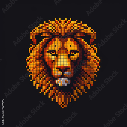 Flat vector logo of a lion head, pixel art, monochrome background, design photo