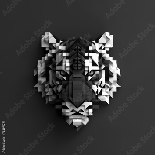 Flat vector logo of a tiger head, pixel art, monochrome background, design, voxel art