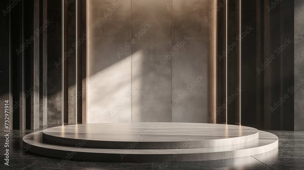 Empty Room Interior with 3D Marble Podium For Product Presentation, Vector Illustration of a Clean and Dark Business Concept Stage, Featuring a Round Podium under Natural lighting.