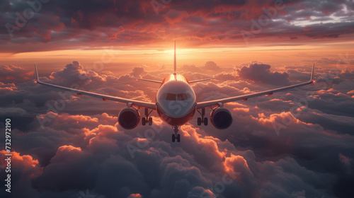 Commercial airplane flying above dramatic clouds during sunset,generative ai