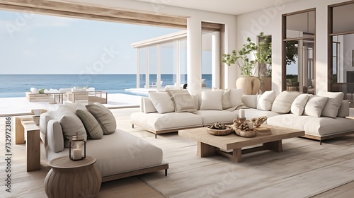 A modern coastal retreat with light colors, natural textures, and ocean-inspired decor © Wardx