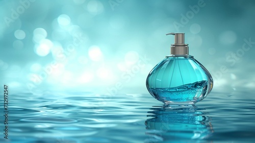  A beautiful bottle with perfume on a blue background with water with a place for a logo and inscription.