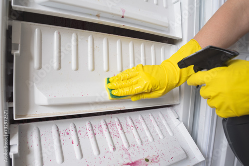 Defrosting and cleaning the freezer. A woman in latex gloves with a sponge and a spray gun cleans the freezer. Shallow depth of field. Space for text.