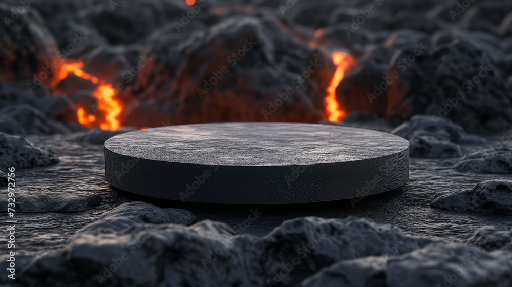 Black matte rock podium on black valcano lava mountain background for product presentation Black matte rock podium on black valcano lava mountain background for product presentation