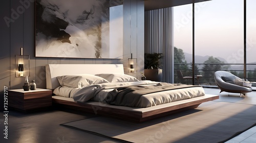 A modern bedroom with a floating bed design and integrated side tables