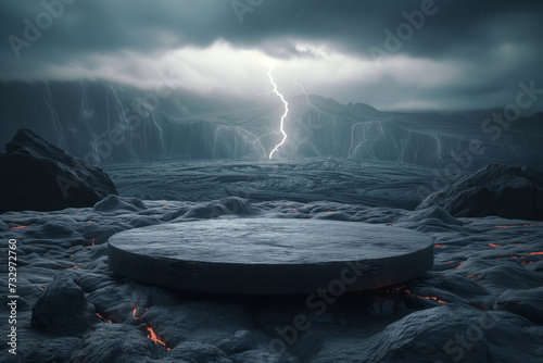 Black matte rock podium on black valcano lava floor and gloomy dark sky behind with lightning strike. photo