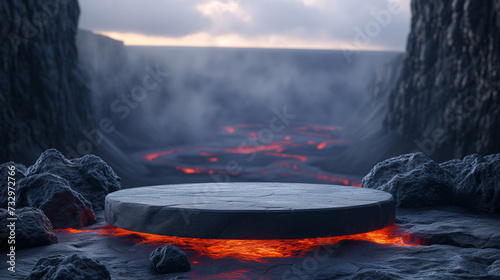 Black matte rock podium on black valcano lava mountain background for product presentation
