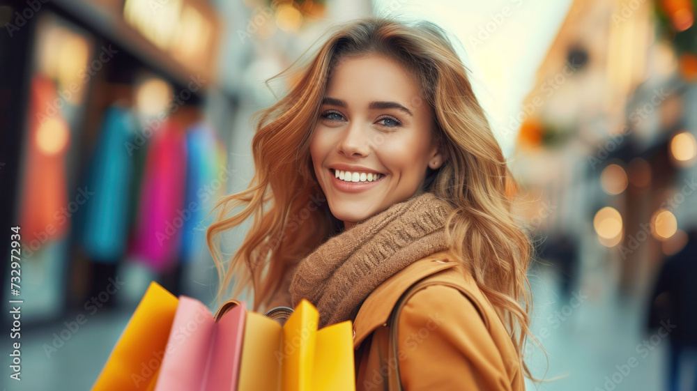Side view of beautiful young smiling girl with emotion expression and colorful bags full of textiles and gifts on a day of shopping in the city stores. Ai generated Side view of beautiful young smiling girl with emotion expression and colorful bags full of textiles and gifts on a day of shopping in the city stores. Ai generated