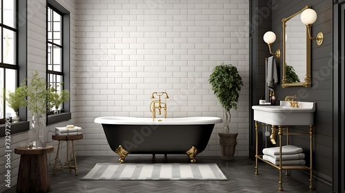 A modernized vintage bathroom with clawfoot tub, subway tiles, and brass fixtures photo