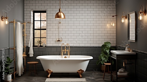 A modernized vintage bathroom with clawfoot tub, subway tiles, and brass fixtures photo