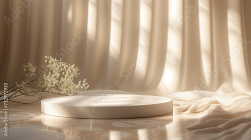 White podium on the white silk background with little flower and water. Podium for product, cosmetic presentation. © All_Podium