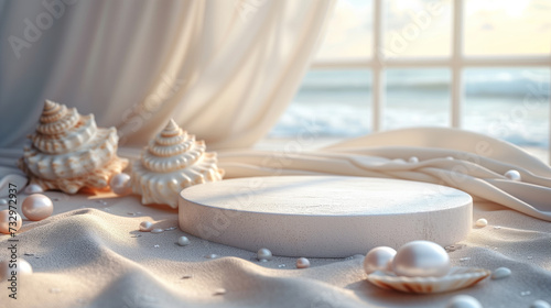 empty white podium product presentation on summer beach background with pearls and shells represent minimal and luxury