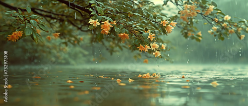 a tree branch with yellow flowers in the rain © Masum