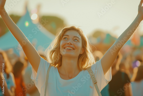 Close up caucasian woman holding fabric tote bag and enjoying weekend feeling on concert background photo
