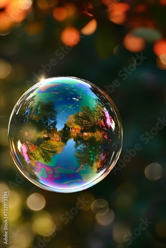 a soap bubble with a reflection of trees in it