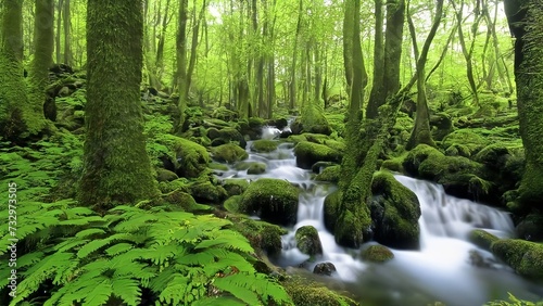 The spring that flows into the forest is full of rocks