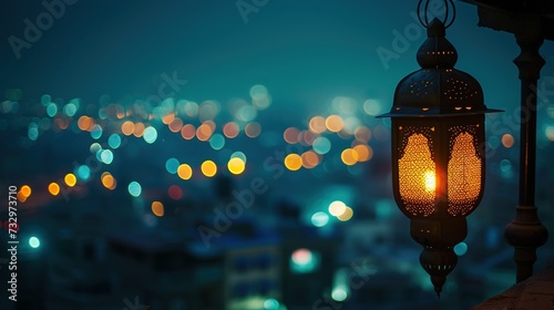 arabic lantern with background city in blue hour or after sunset photo