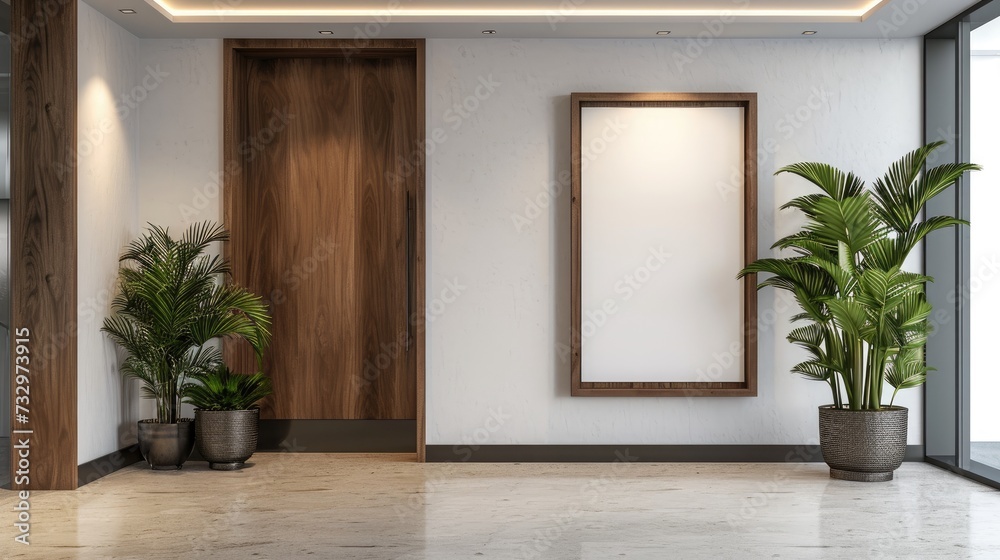 Brown wooden entrance door texture with palm tree in black pot, white wall and marble ceramic floor with blank poster frame. Entrance way modern living room Brown wooden entrance door texture with palm tree in black pot, white wall and marble ceramic floor with blank poster frame. Entrance way modern living room