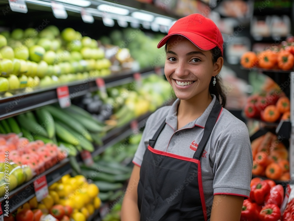 smile woman supermarket worker in front fruits and vegetables display