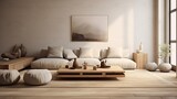 A minimalist living area with floor cushions arranged around a low-profile coffee table