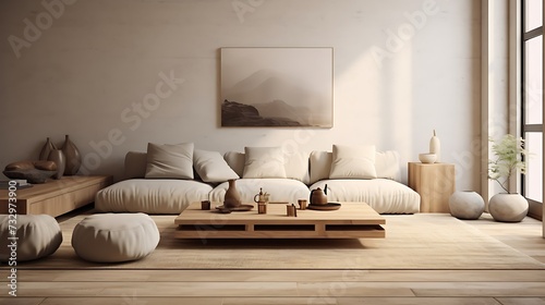 A minimalist living area with floor cushions arranged around a low-profile coffee table © Wardx