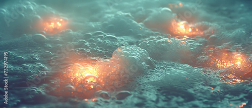 a many bubbles of water in a pan with orange lights