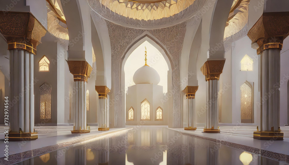 Fototapeta premium white mosque interior, modern interior 3d renderer
