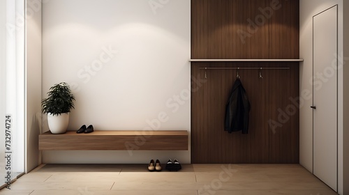 A minimalist entryway with a sleek shoe cabinet hidden within the wall photo