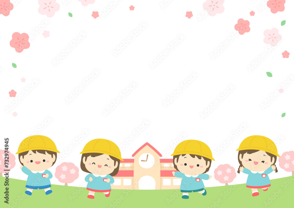 幼稚園の入園式の様子、女の子と男の子の園児のベクターイラストのセット。桜が咲く春の園庭で入園を喜ぶ子どもたちとコピースペースのあるイラスト。