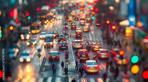The vibrant life of a city at dusk captured with the bustling traffic and glowing lights of a crowded street.