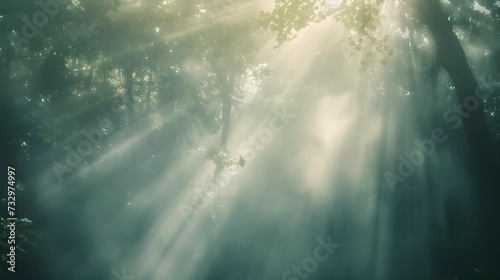 Ethereal morning light filters through a dense mist among the trees of a serene forest, creating a tranquil scene.