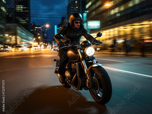 A man riding a motorcycle on a city street at night. Generative AI. © serg3d