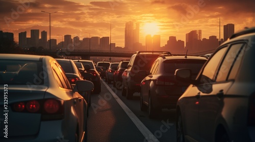 Traffic jam on the highway at sunset. Generative AI.