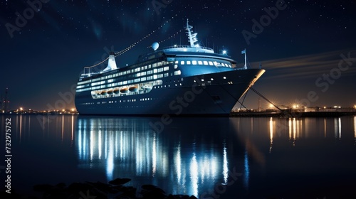 A cruise ship at night in the ocean. Generative AI.