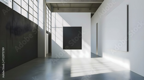 an empty room with a black and white painting on the wall