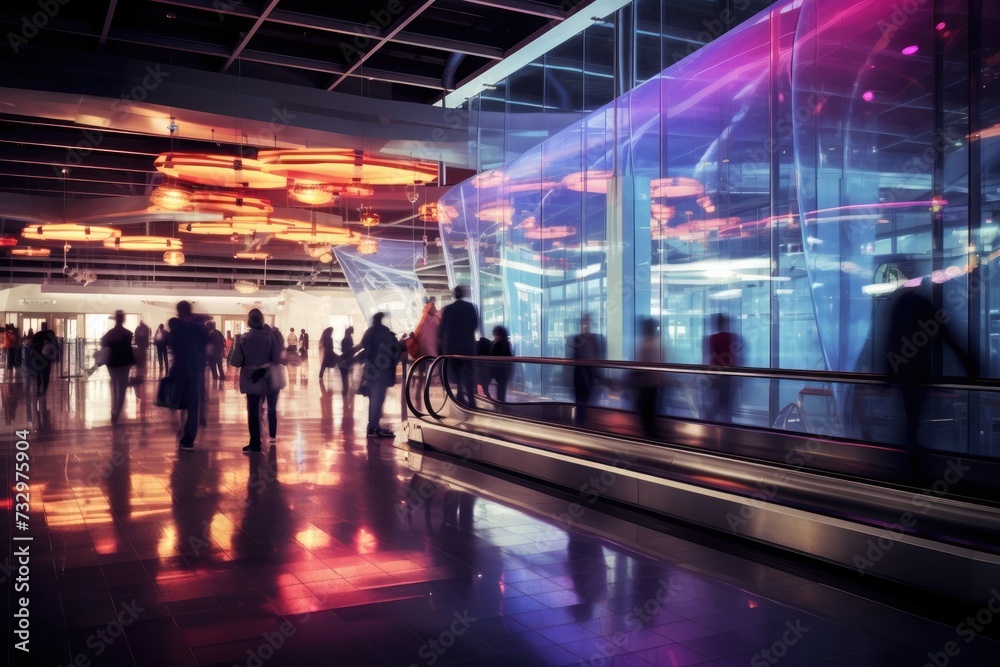 People walking through an airport terminal at night. Generative AI.