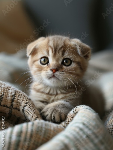 A small Scottish Fold kitten sitting on a blanket. Generative AI.