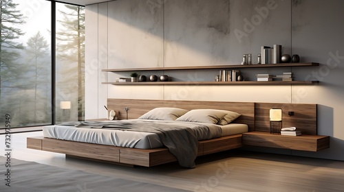 A minimalist bedroom with a platform bed positioned against a wall, featuring floating bedside shelves photo