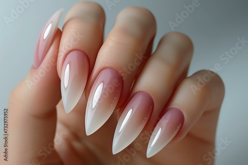 A woman s hand with long nails with pink and white tips. Generative AI.