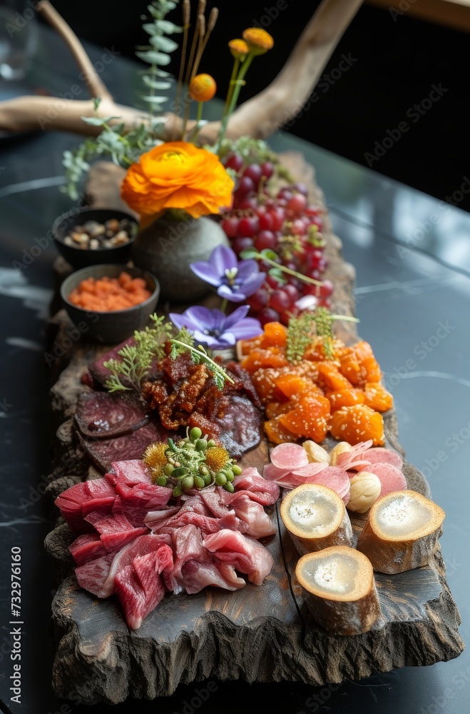 appetizer foods arranged on wood plate
