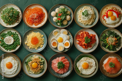 plates with different foods such as eggs, meats and vegetables