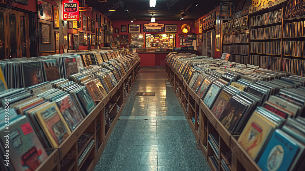 Generative AI image of a retro revival in a vintage vinyl record store