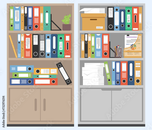 Office cupboards with many file folders and file binder inside, Document file in shelf, Office filing cabinet, File archive storage box.