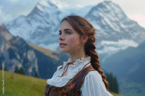 Young Woman in Traditional Alpine Dress Against Majestic Mountain Backdrop © KirKam