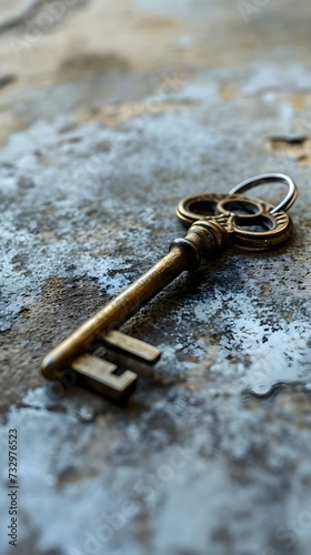 a golden key laying on top of a stone floor