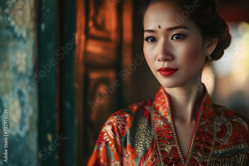 Elegant Woman in Traditional Asian Attire with a Thoughtful Expression