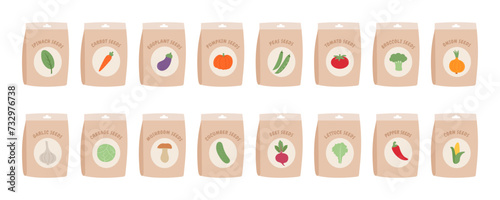 Vegetable seeds packages set. Pack of spinach, mushrooms, carrots, eggplant, pumpkin, peas, tomato, broccoli, cabbage, onion, garlic, cucumber, beets, pepper, corn, lettuce seeds