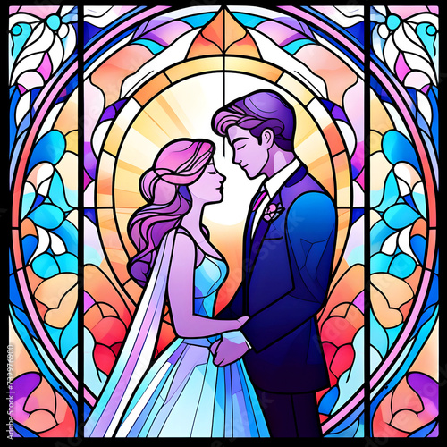 beautiful colorful stained glass art of a young bride and groom about to kiss at their wedding in front of a sunset